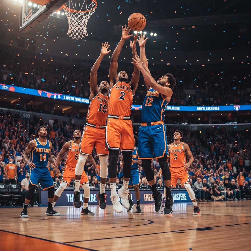 Basketball players under the hoop