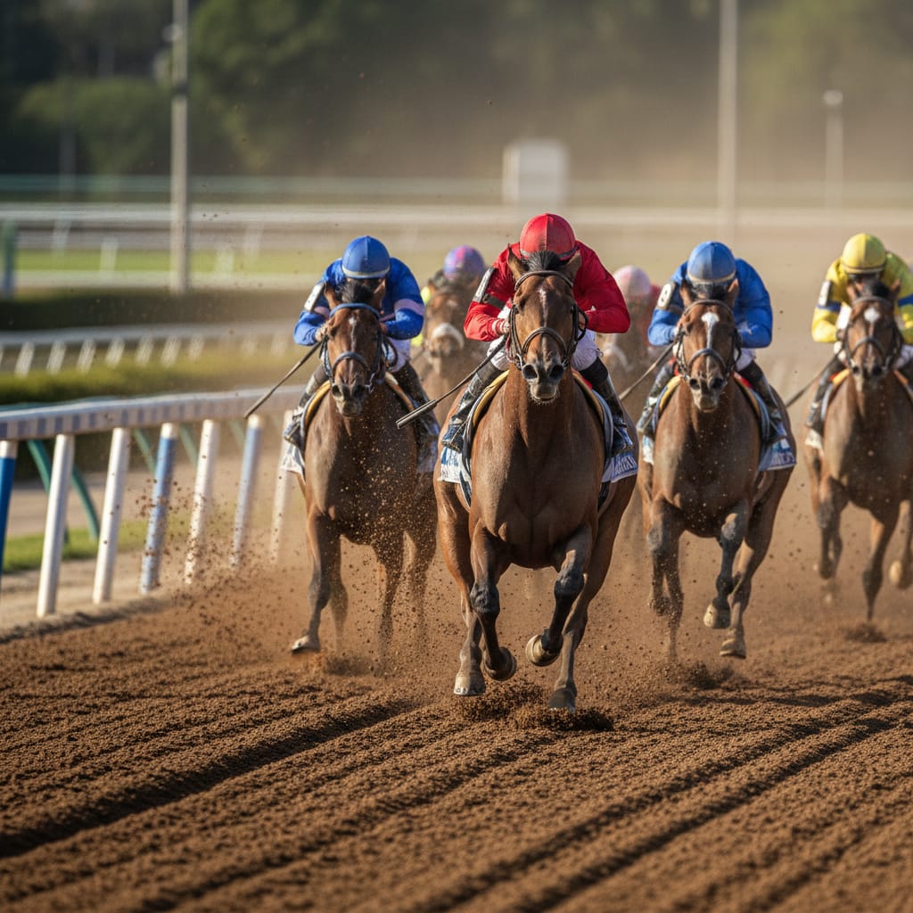 Horses and jockeys mid-race