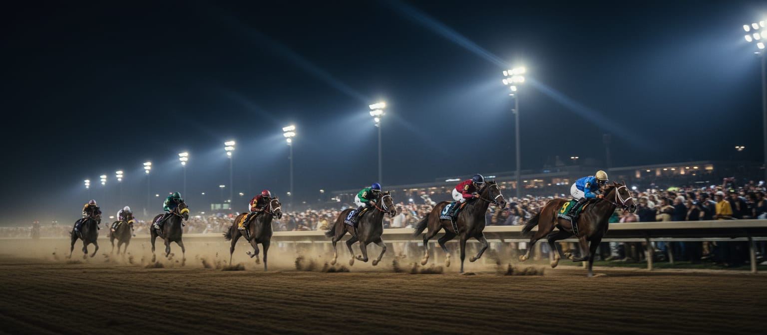 Thoroughbred racing under stadium lights