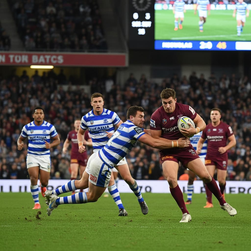 Rugby league players in a tackle
